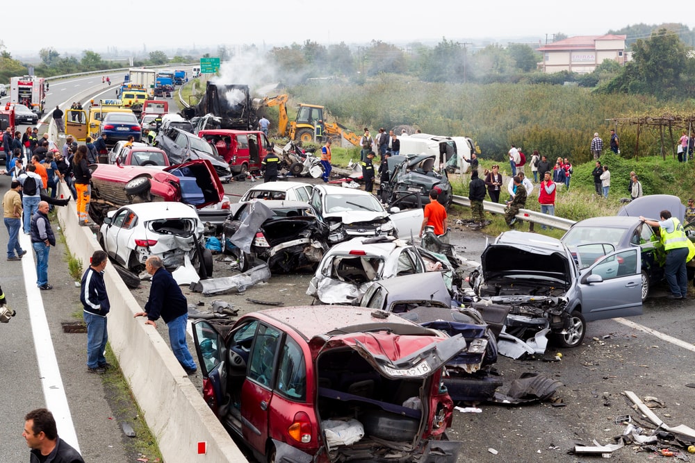 A significant pileup involving a large truck and multiple cars, resulting in numerous injuries, highlighting the need of a personal injury lawyer in New Orleans.